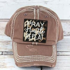 DISTRESSED MOCHA WITH LEOPARD 'PRAY HUSTLE REPEAT'